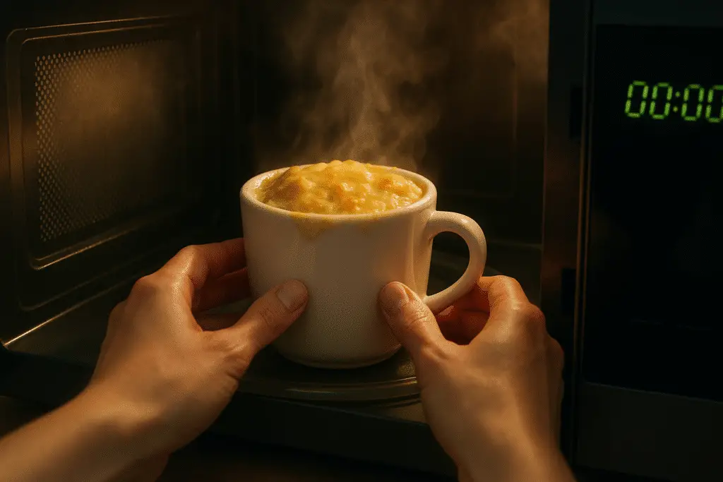Chicken pot pie in a mug cooking in microwave with steam and bubbling