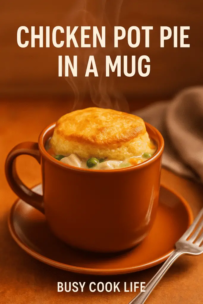Pinterest pin for chicken pot pie in a mug recipe with text overlay