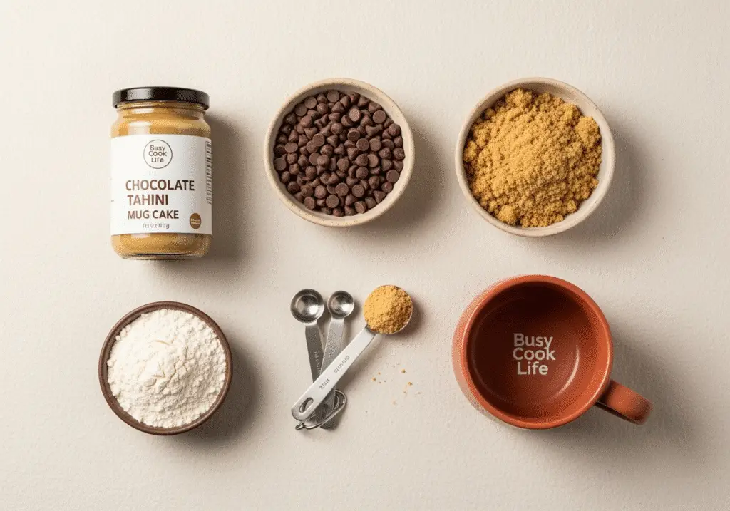 Chocolate chip tahini mug cake ingredients arranged for recipe preparation