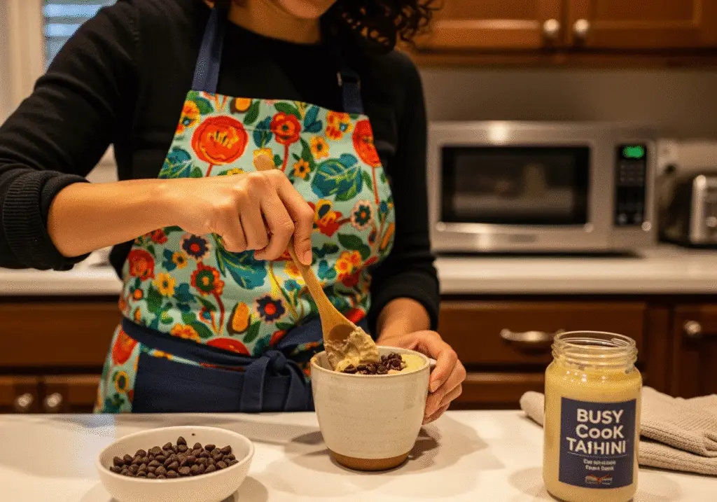 Mixing chocolate chip tahini mug cake batter in microwave-safe mug