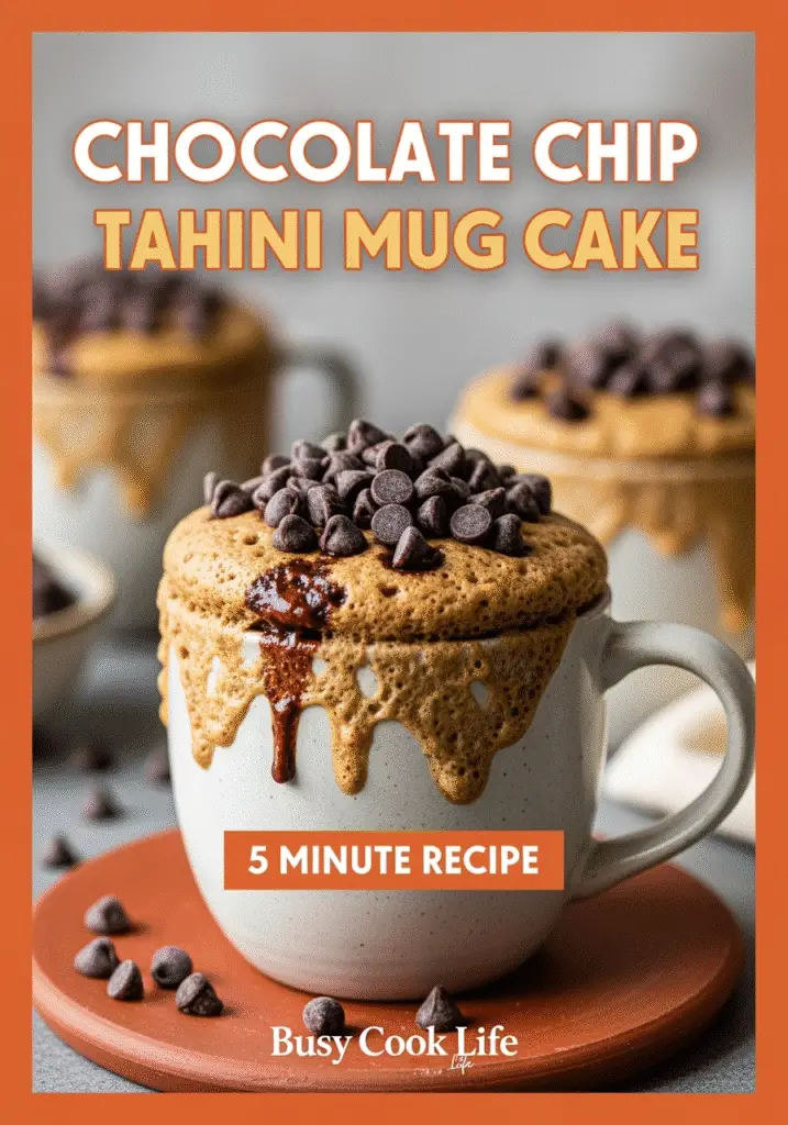 Chocolate chip tahini mug cake Pinterest recipe pin with text overlay