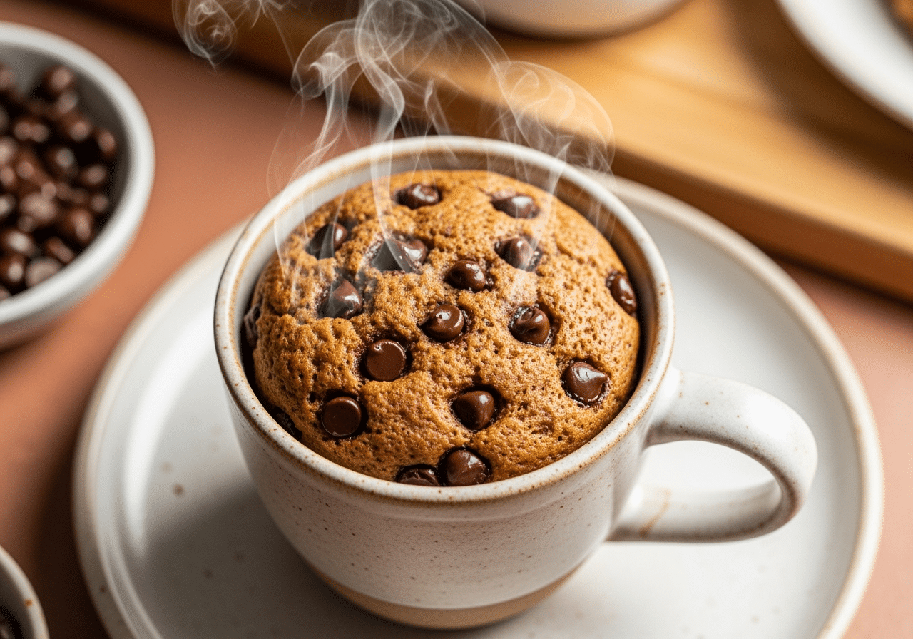 Chocolate chip tahini mug cake recipe finished in ceramic mug with chocolate chips