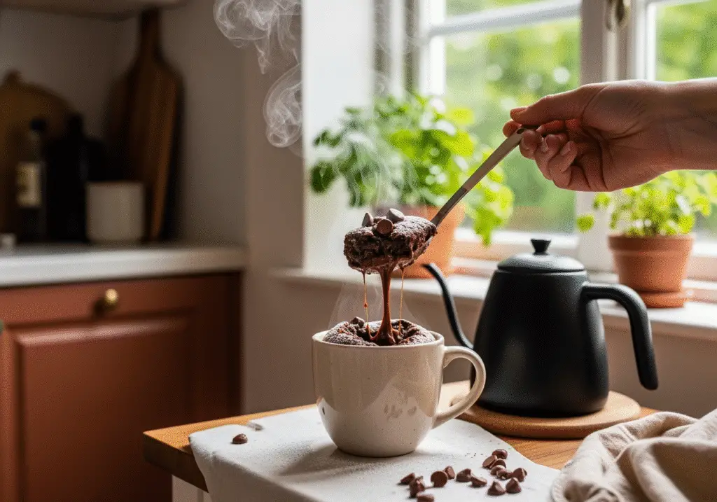 Chocolate chip tahini mug cake served warm with spoon and garnish