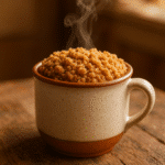 Coffee cake in a mug with cinnamon crumb topping steaming on wooden counter