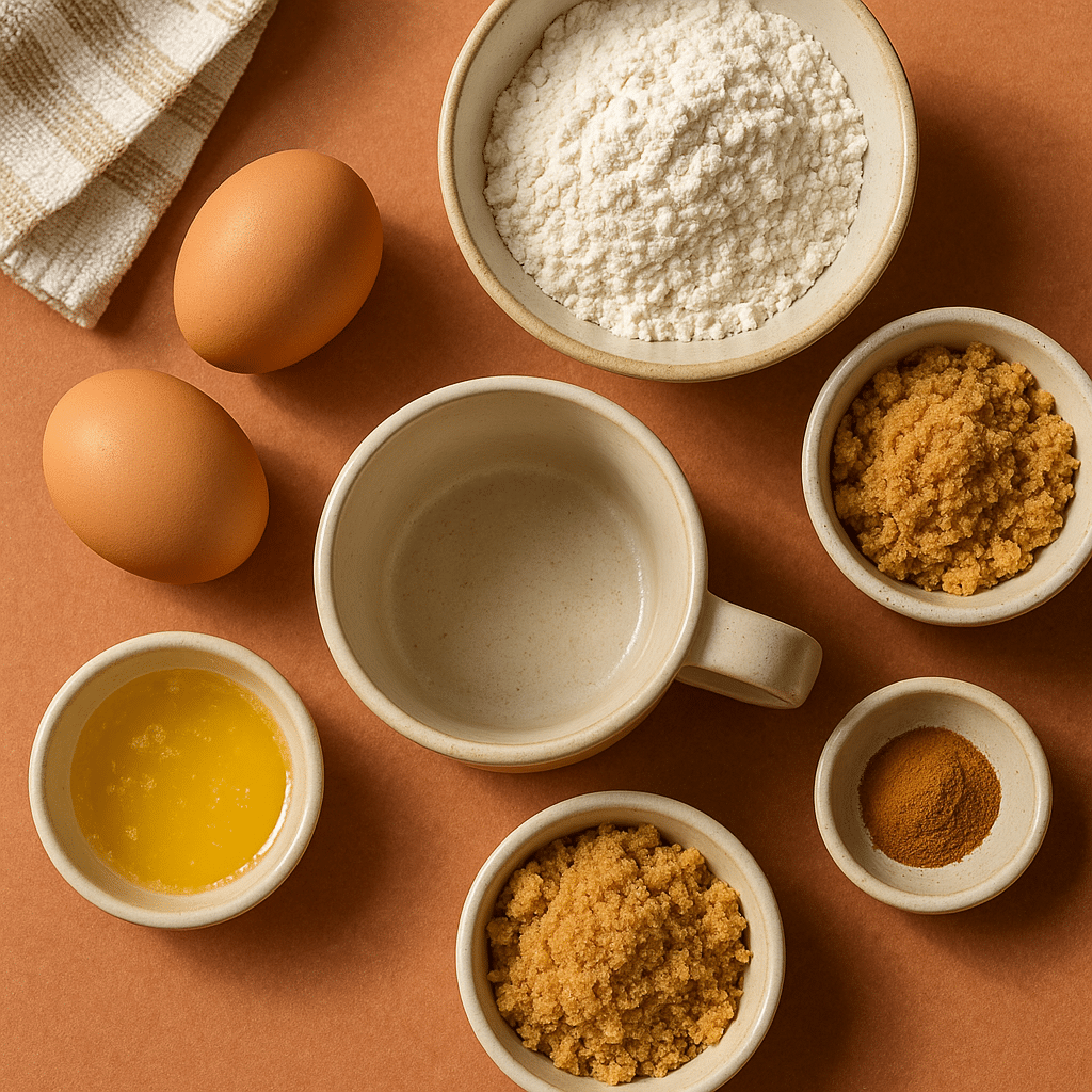 Coffee cake in a mug ingredients laid out with flour, brown sugar, cinnamon and butter