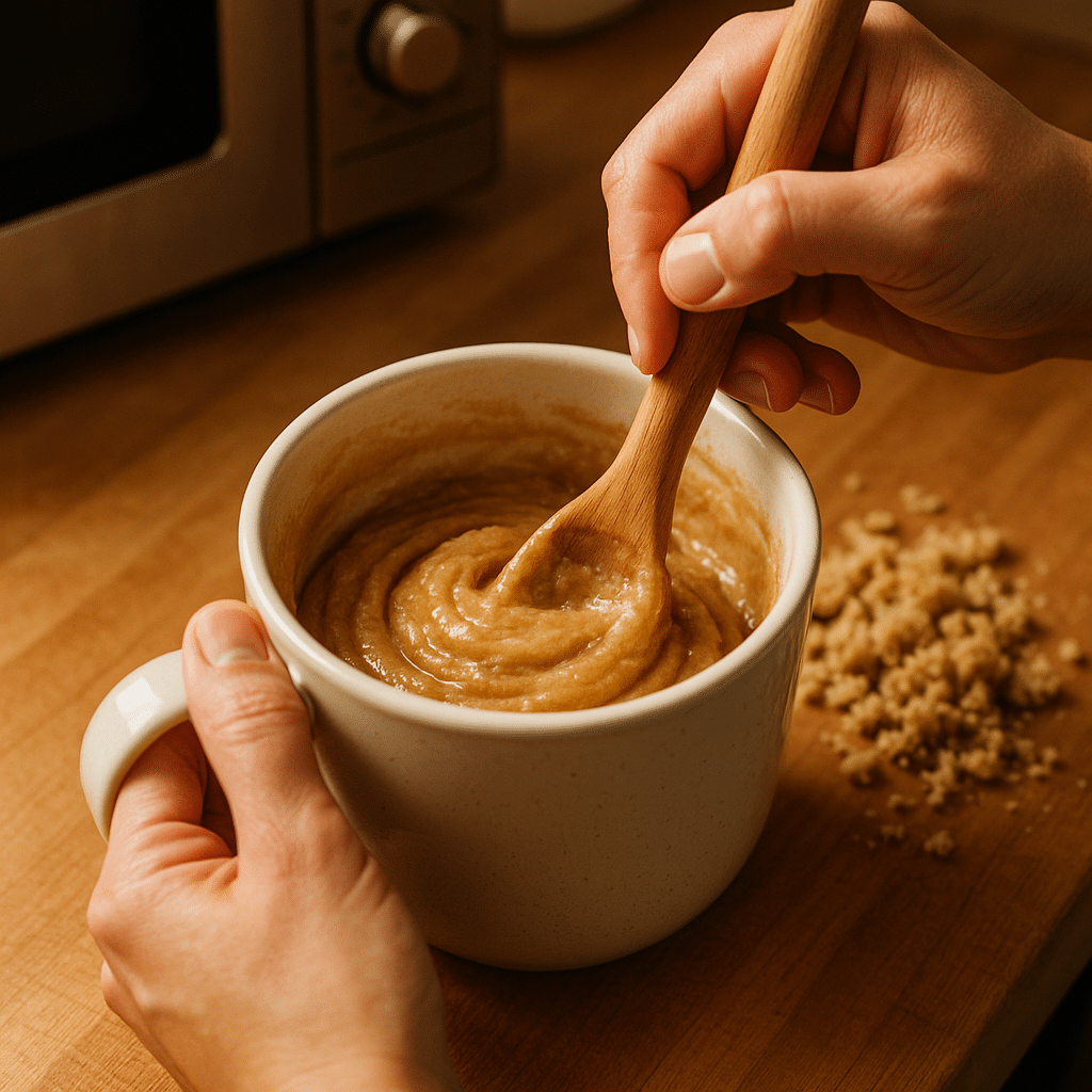 Mixing coffee cake batter in mug with wooden spoon and crumb topping ready