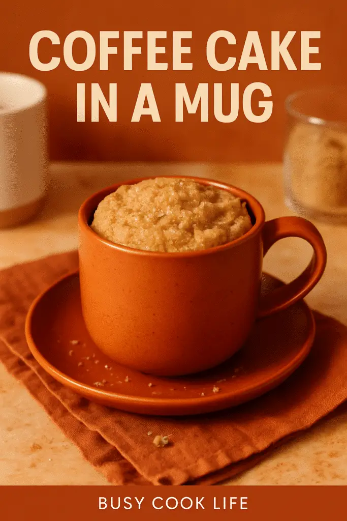 Pinterest pin for coffee cake in a mug recipe with text overlay