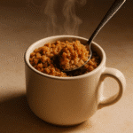 Finished coffee cake in mug being enjoyed with spoon, showing fluffy texture and crumb topping