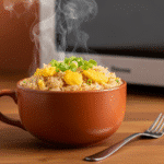 Finished egg fried rice in a mug with steam rising, ready to eat