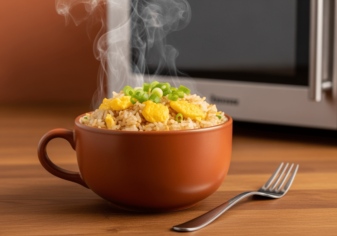 Finished egg fried rice in a mug with steam rising, ready to eat