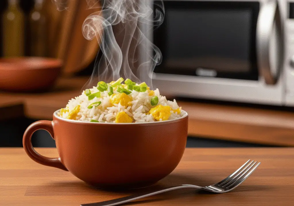 Completed egg fried rice in mug garnished with green onions and ready to serve