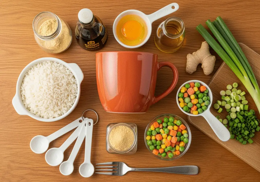 All ingredients needed for egg fried rice in a mug recipe laid out neatly