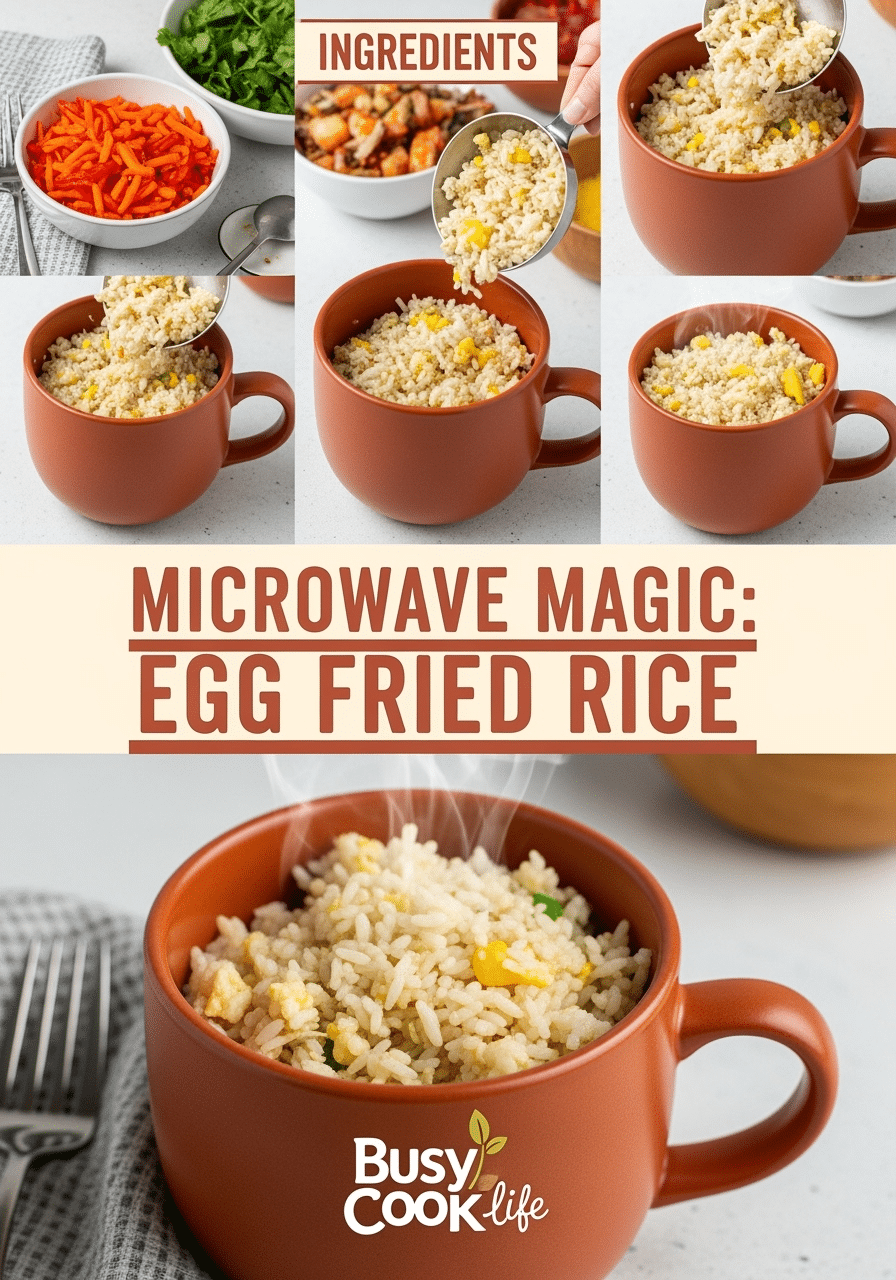 Pinterest pin showcasing microwave egg fried rice recipe process