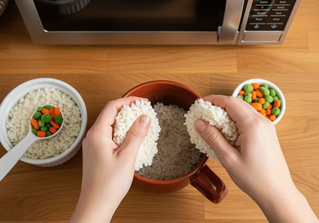 Adding rice and vegetables to mug for egg fried rice recipe