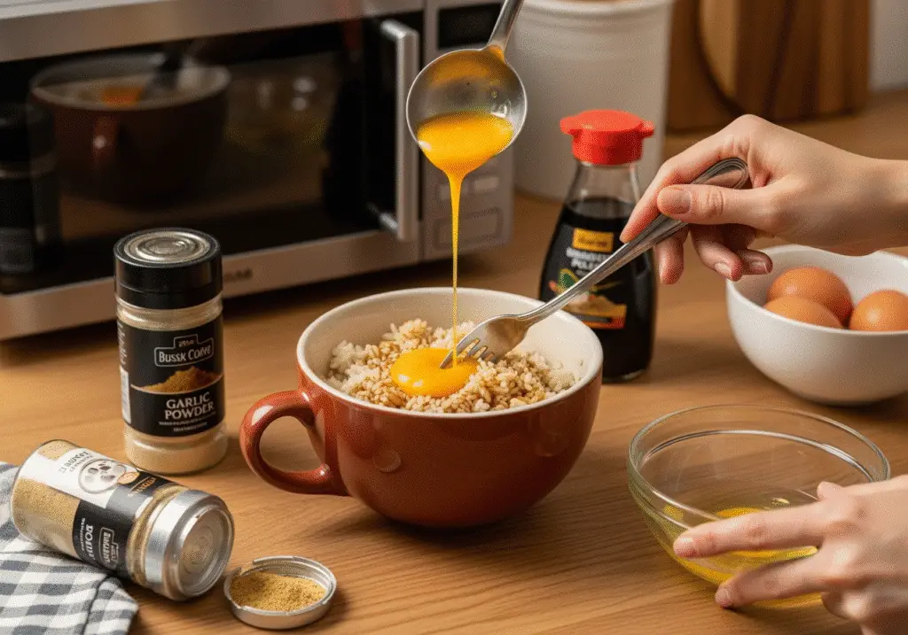 Mixing egg and seasonings into rice mixture in microwave mug