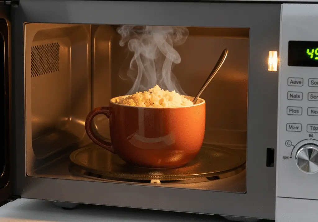 Egg fried rice cooking in microwave showing steam and timer