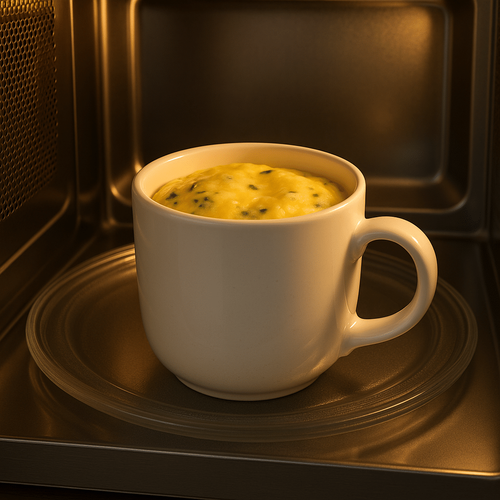 Omelette in a mug cooking inside microwave during 2-minute process