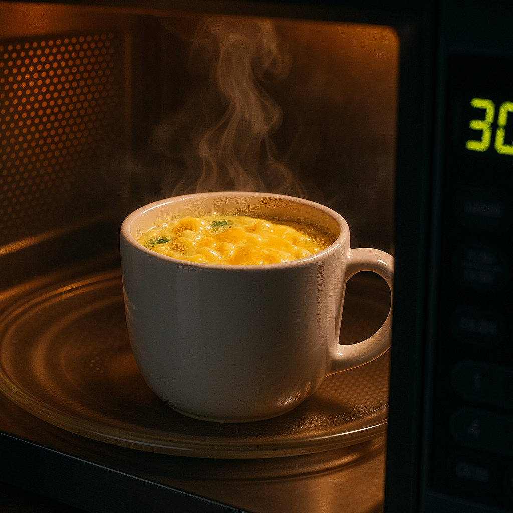 Savory breakfast mug with cheese cooking in microwave showing eggs setting