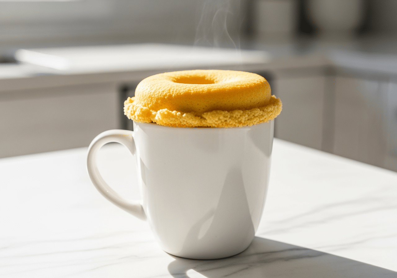 Fresh microwave mug donut in white ceramic mug ready to eat
