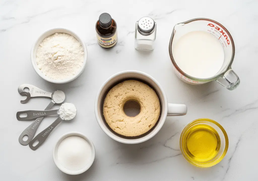 Microwave mug donut ingredients laid out for easy recipe preparation