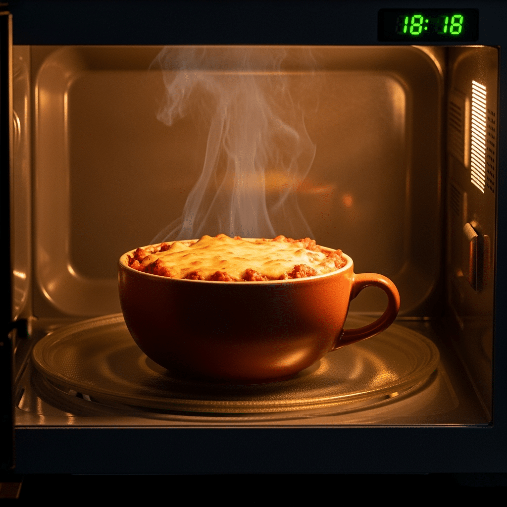 Microwave mug lasagna cooking in microwave with steam and bubbling cheese visible