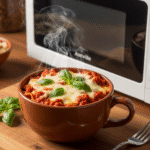 Microwave mug lasagna with melted cheese and steam rising from terracotta mug