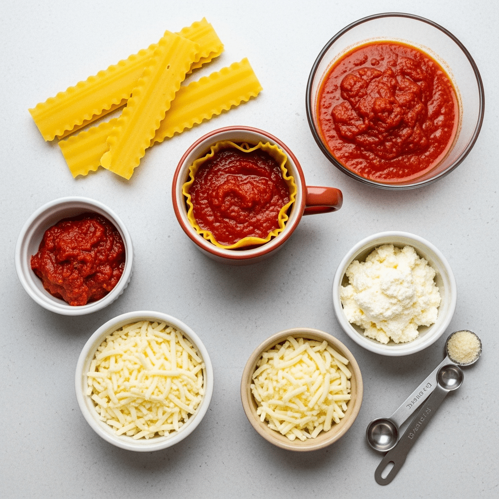 Microwave mug lasagna ingredients laid out including noodles, marinara sauce, and cheeses