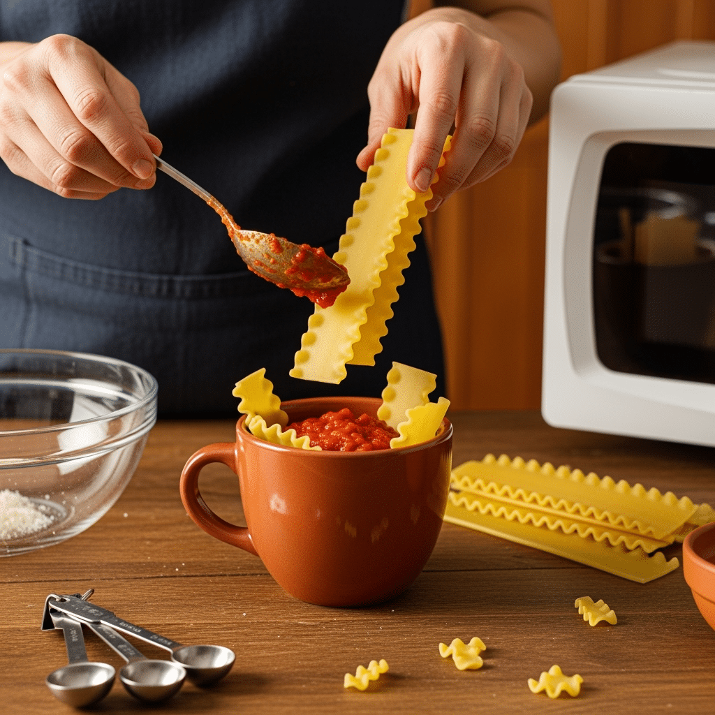 Hands layering microwave mug lasagna ingredients in terracotta mug with marinara sauce