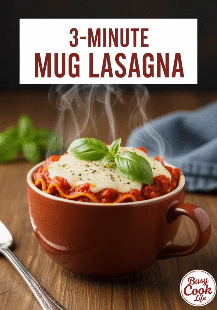 Pinterest-style microwave mug lasagna with text overlay space for social sharing