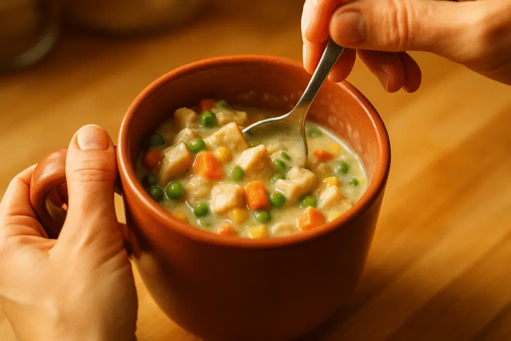 Hands mixing chicken pot pie ingredients in ceramic mug before microwaving
