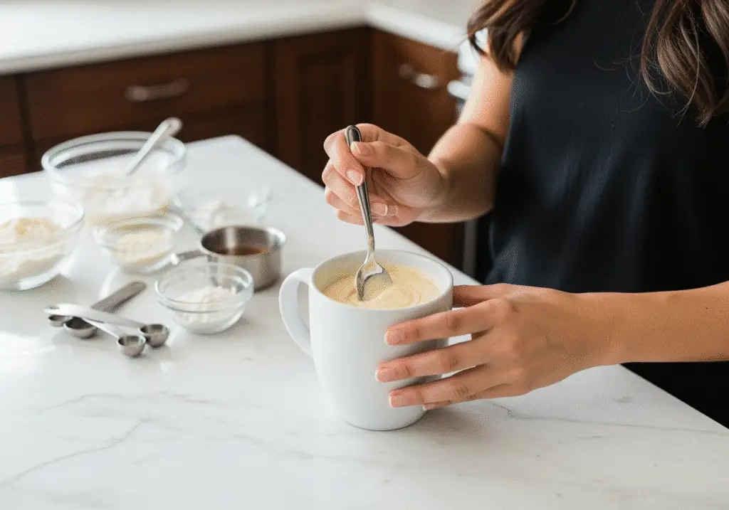 Mixing microwave mug donut batter with spoon in ceramic mug