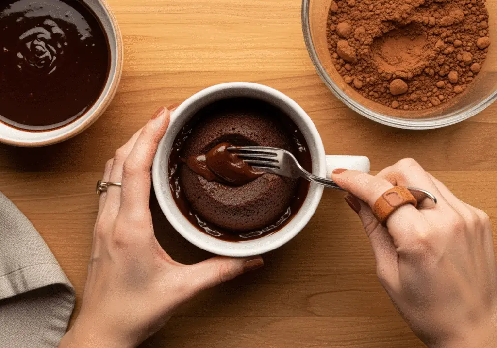 Mixing molten lava cake in a mug recipe batter with fork