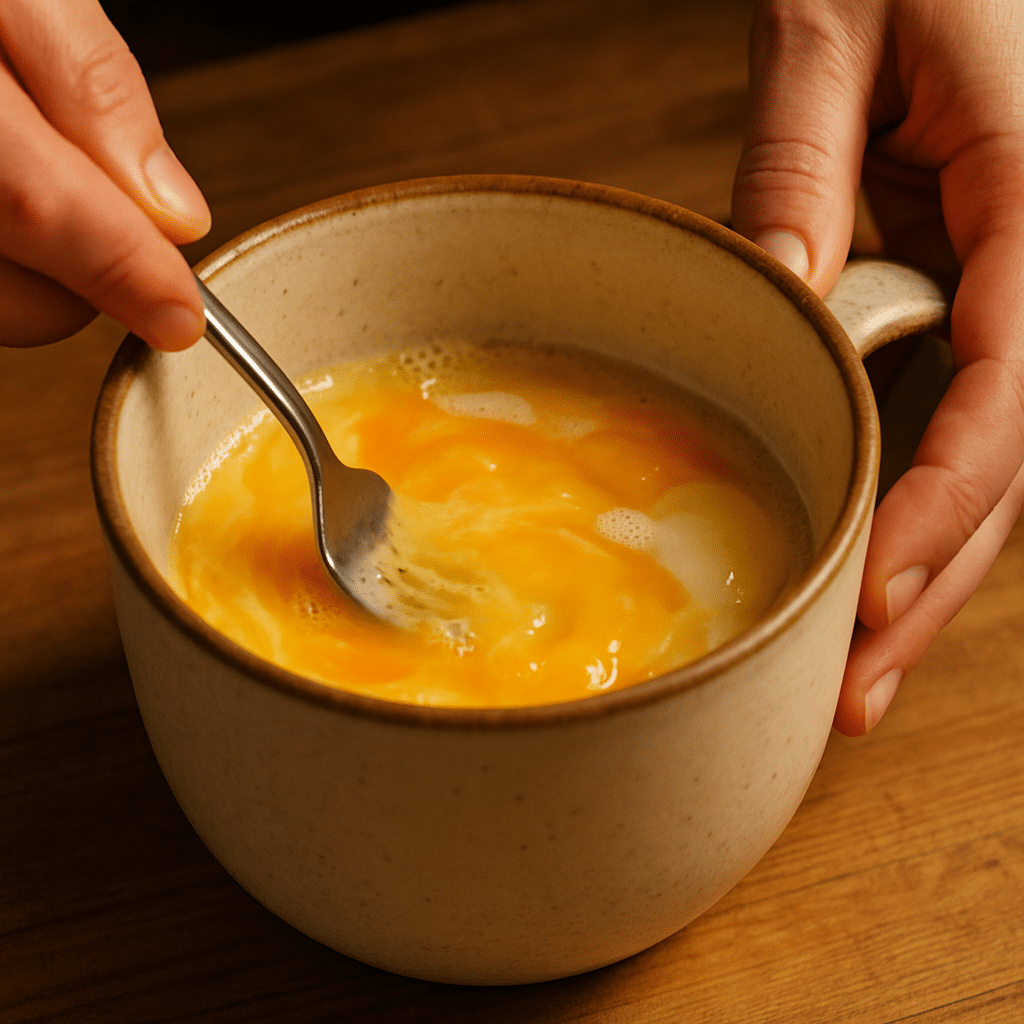 Whisking eggs and ingredients in mug for microwave omelette recipe