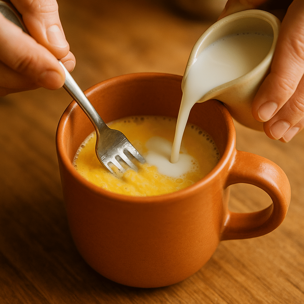 Mixing eggs and milk in mug for savory breakfast mug with cheese recipe