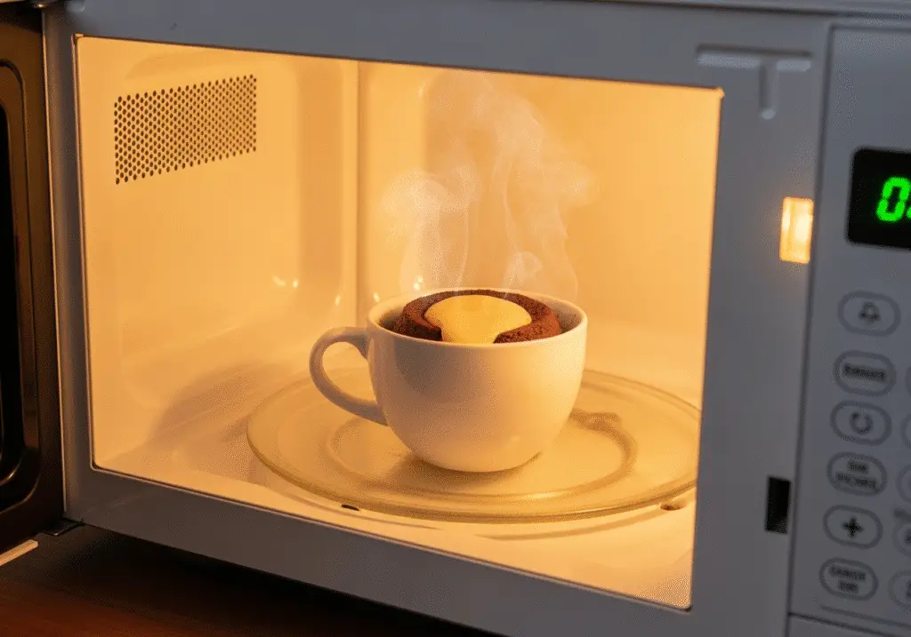 Molten lava cake in a mug recipe cooking in microwave