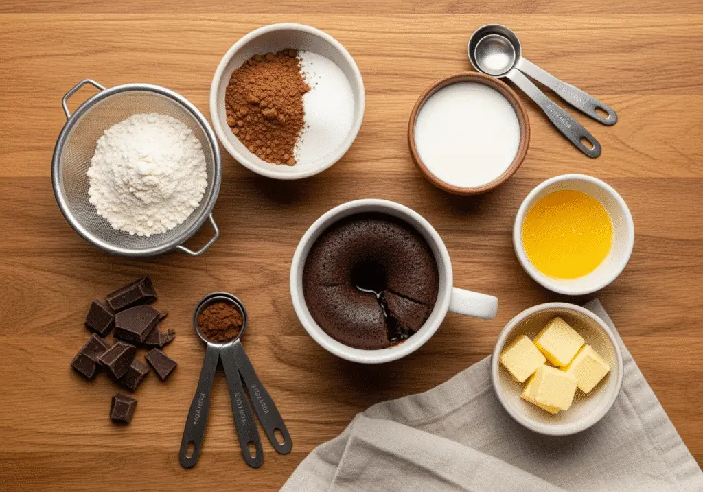 Molten lava cake in a mug recipe ingredients laid out for preparation