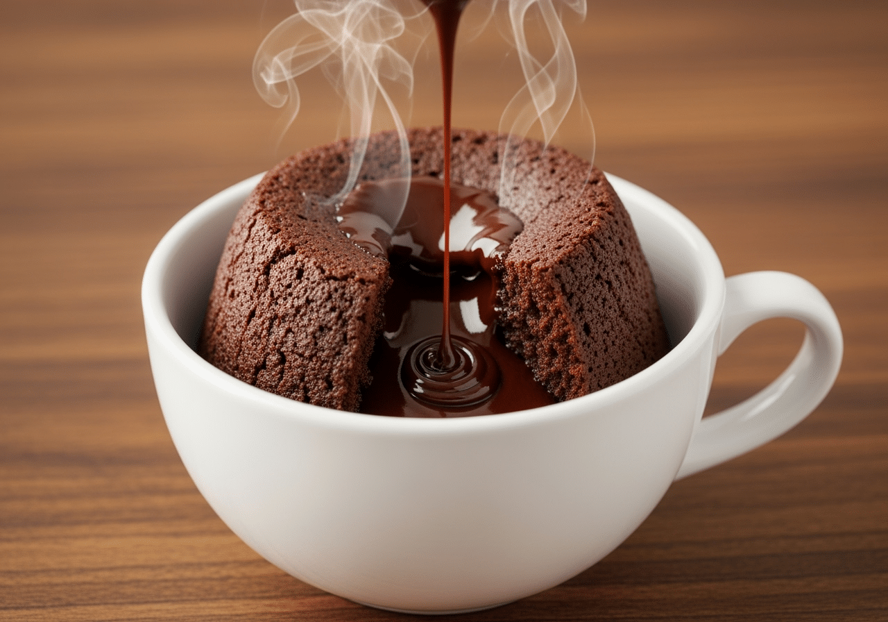 Molten lava cake in a mug recipe with flowing chocolate center