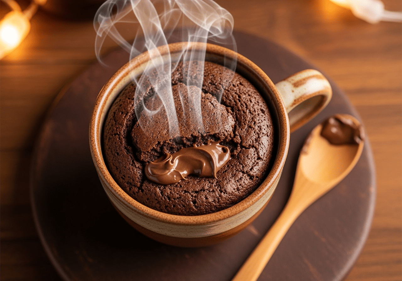 Fudgy Nutella mug brownies in ceramic mug with gooey center