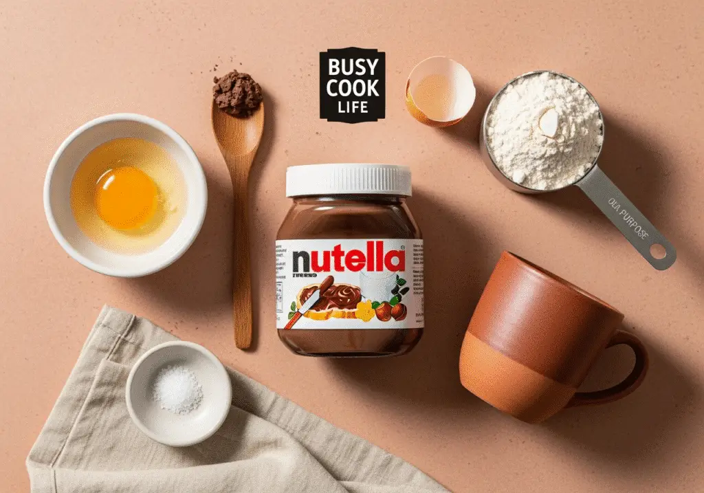 Nutella mug brownies ingredients including Nutella jar, egg, flour and salt