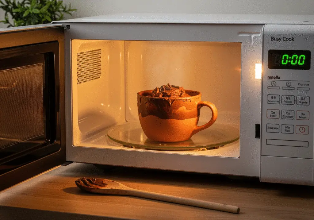 Nutella mug brownies cooking in microwave with timer display