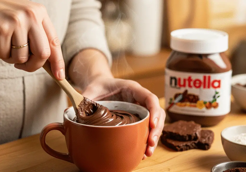 Mixing Nutella mug brownie batter in ceramic mug with wooden spoon