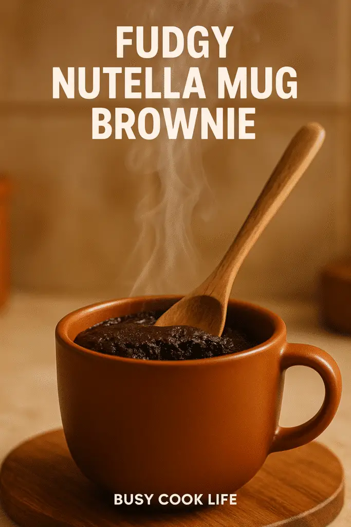 Pinterest-style Nutella mug brownies recipe image with fudgy texture