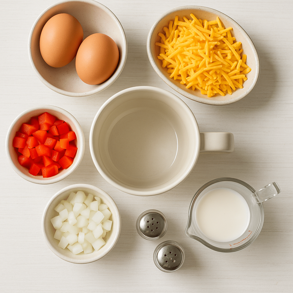 Omelette in a mug ingredients laid out including eggs, cheese, and vegetables