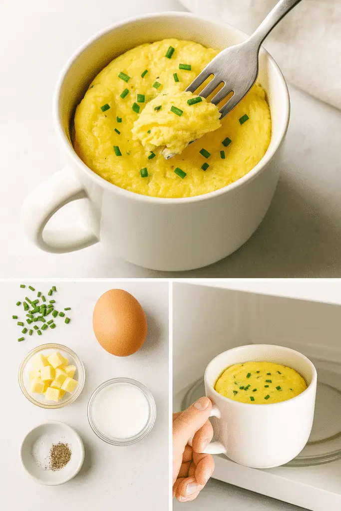 Pinterest pin showing complete omelette in a mug recipe steps and results