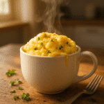 Fluffy omelette in a mug with melted cheese and herbs on wooden surface