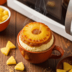 Pineapple upside-down mug cake with caramelized pineapple ring in ceramic mug