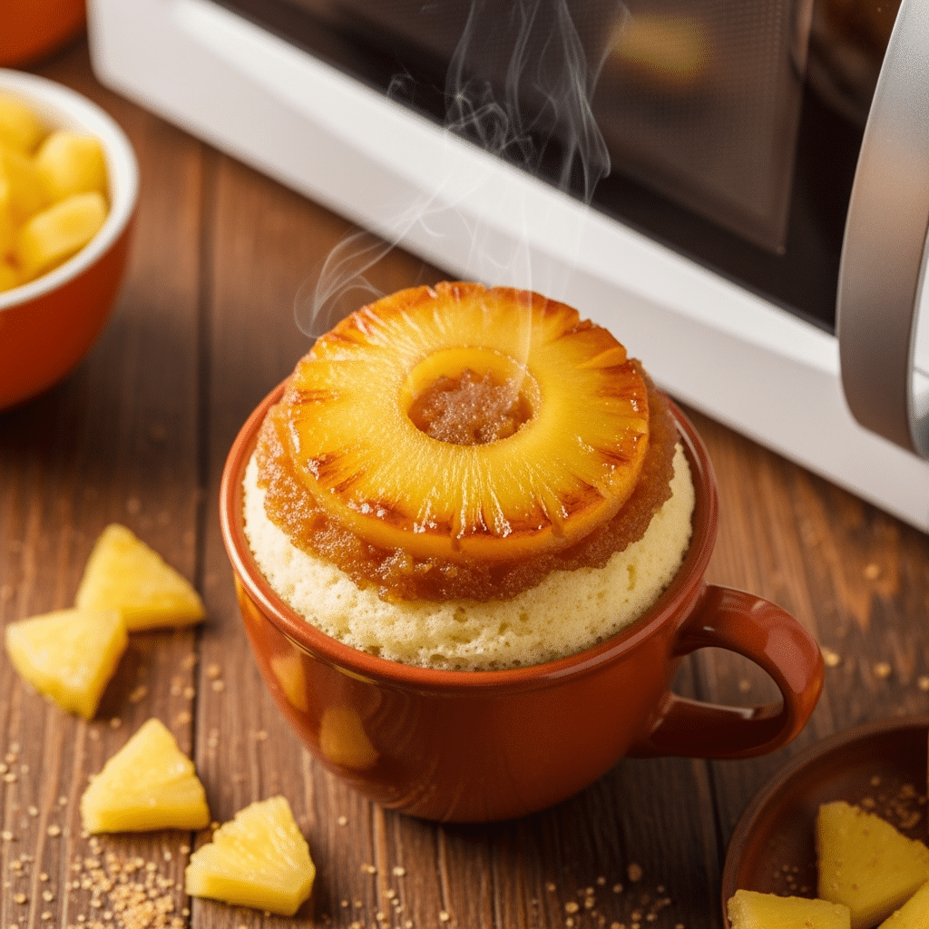Pineapple upside-down mug cake with caramelized pineapple ring in ceramic mug