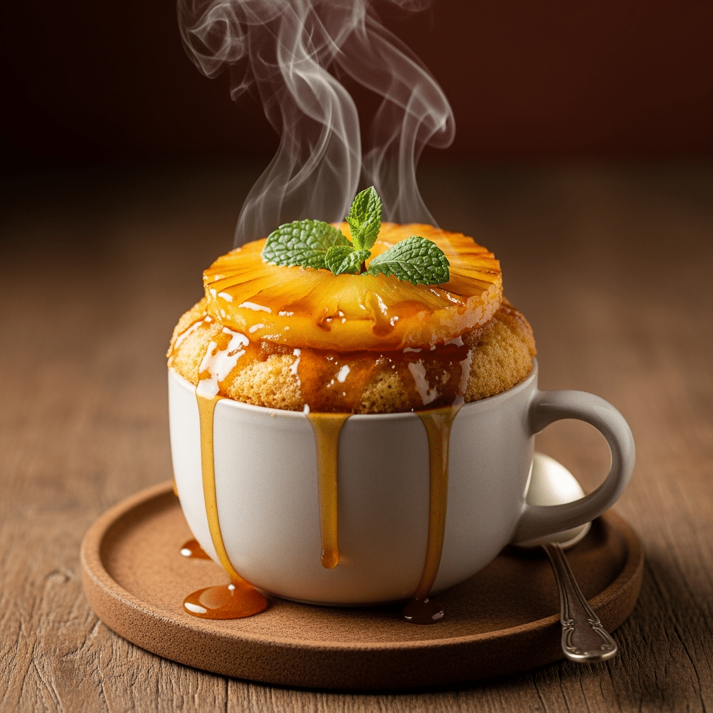Finished pineapple upside-down mug cake ready to serve with caramelized topping