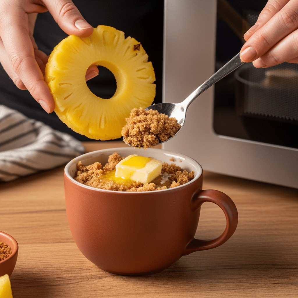 Assembling pineapple upside-down mug cake with pineapple ring placement