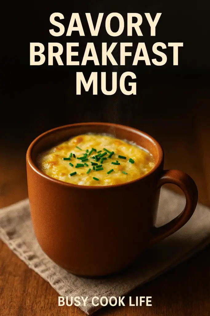 Pinterest pin for savory breakfast mug with cheese recipe showing finished dish